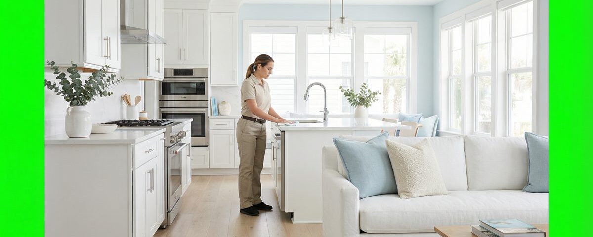 How Often Should You Schedule House Cleaning in Tampa Bay? 4 Bright, spotless Tampa Bay home interior with a cleaner in a sunlit kitchen