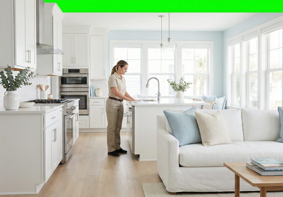 Bright, spotless Tampa Bay home interior with a cleaner in a sunlit kitchen